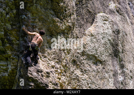 Gli uomini di arrampicata parete verticale, Polonia Foto Stock