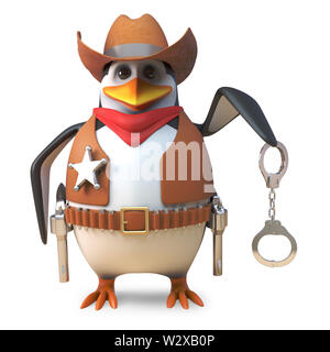 Onesto sceriffo penguin brave delegati cowboy tiene fuori il suo manette, 3D render illustrazione Foto Stock