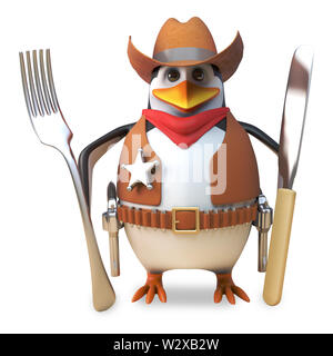 Fame sheriff penguin brave cowboy è affamato e mantiene il suo coltello e forchetta pronto, 3D render illustrazione Foto Stock