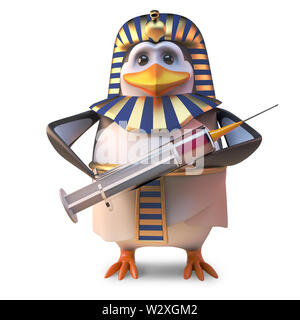 Cool antica dei Pinguini Pinguini il faraone Tutankhamon tenendo una siringa, 3D render illustrazione Foto Stock