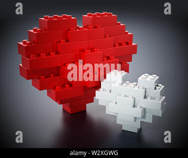 Rosso e bianco edificio a blocchi che formano grandi e piccole forme di cuore. 3D'illustrazione. Foto Stock
