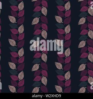 Vettore di seamless pattern con rosa e viola lascia la formazione di strisce verticali su sfondo scuro Illustrazione Vettoriale