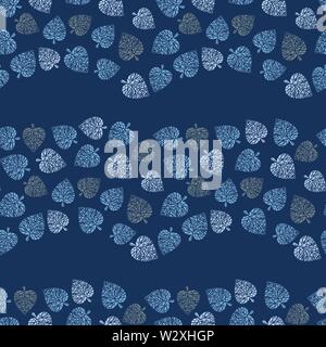Vettore di seamless pattern con foglie blu formando strisce ondulate su sfondo scuro Illustrazione Vettoriale