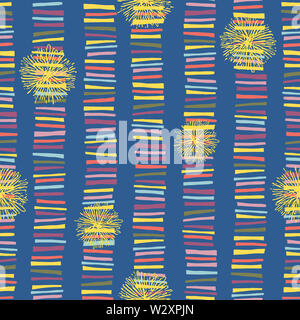 Forme astratte Seamless texture con blocchi verticali e pom pom. Abstract infantile striscia colorata doodle illustrazione dello sfondo Foto Stock