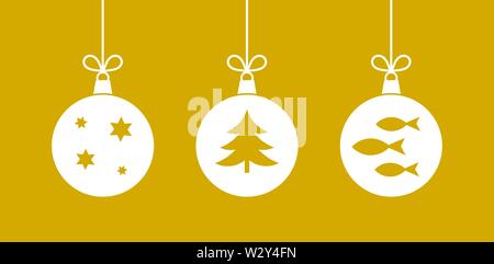 Natale tre sfere pendenti ornamenti su sfondo dorato. Illustrazione Vettoriale