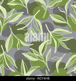 Foglie di tè verde. Matcha grafica semplice Seamless Pattern su sfondo grigio Illustrazione Vettoriale