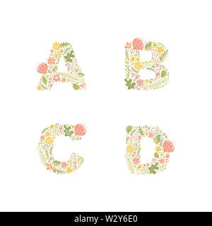 Vettore disegnati a mano floral lettera maiuscola monogrammi o logo. Le lettere maiuscole A, B, C, D con fiori e rami Blossom. Design floreale Illustrazione Vettoriale