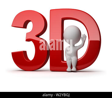 3d piccola persona seduta in una parola 3d. Immagine 3d. Isolato sullo sfondo bianco. Foto Stock