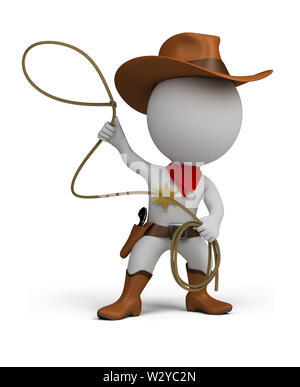 3d piccola persona cowboy con laccio in mano, indossando un cappello e stivali. Immagine 3d. Isolato sullo sfondo bianco. Foto Stock