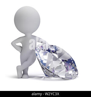 3d piccola persona in piedi accanto a un grande diamante. Immagine 3d. Isolato sullo sfondo bianco. Foto Stock