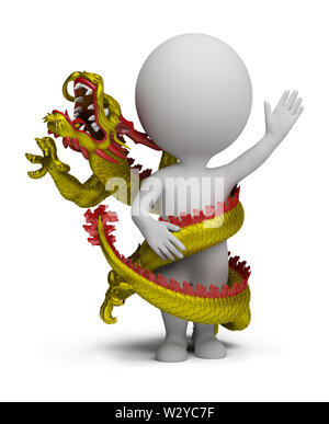 Dragon avvolge il piccolo uomo. Immagine 3d. Isolato sullo sfondo bianco. Foto Stock