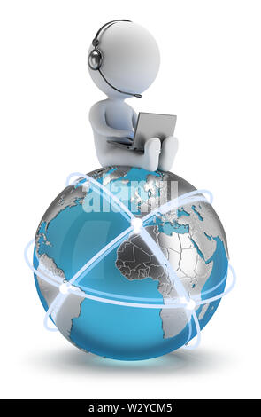 3d piccola persona seduta con un computer portatile sulla Terra con una rete globale. Immagine 3d. Sfondo bianco. Foto Stock