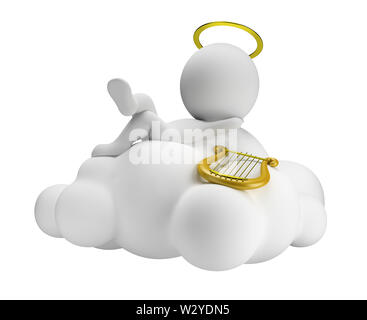3d piccolo popolo in paradiso si trova in una nuvola con un'arpa. Immagine 3d. Isolato sullo sfondo bianco. Foto Stock