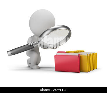 3d persona di piccole dimensioni con una grande lente di ingrandimento cerca i documenti in cartelle. Immagine 3d. Sfondo bianco. Foto Stock