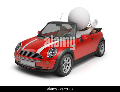 3d piccolo popolo guida la piccola auto. Immagine 3d. Isolato sullo sfondo bianco. Foto Stock