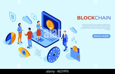 Cryptocurrency bitcoin isometrica della tecnologia 3d infographics icone con la gente di affari, vettore digitale annuncio Illustrazione Vettoriale