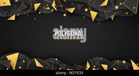 Forme geometriche. Abstract background. Brochure elegante per il vostro design. Onde di carta. Bassa poli stile. Nero e golden triangoli. Design liquido. Polyg Illustrazione Vettoriale