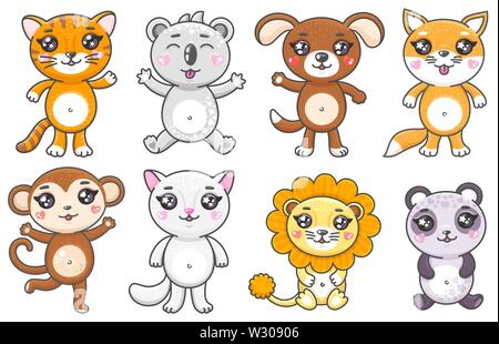 Set di Cartoon carino animali. Sorridente baby animas in stile kawaii isolati su sfondo bianco. Illustrazione Vettoriale