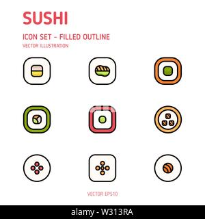 Icona di Sushi set. Semplice insieme di Sushi vettore contorno riempito le icone. Japan Food vettore. Illustrazione Vettoriale
