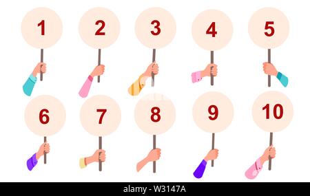 Imposta icona della mano che tiene i giudici segno punteggio da 1 a 10 numeri piatta illustrazione vettore isolato su sfondo bianco. Illustrazione Vettoriale