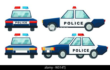 Design Cartoon auto della polizia piatto illustrazione vettoriale isolati su sfondo bianco. Illustrazione Vettoriale
