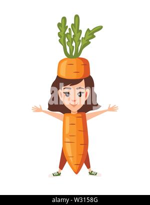 Ragazza kid indossando il costume di carota cartoon character design piatto illustrazione vettore isolato su sfondo bianco. Illustrazione Vettoriale