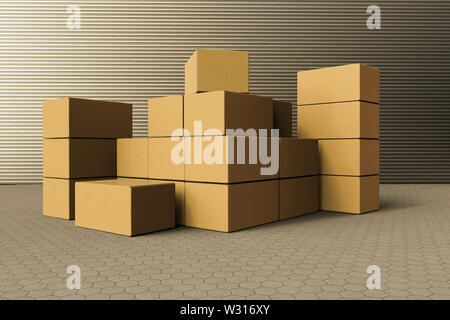 3D rendering di una pila di scatole di cartone al di fuori di un magazzino Foto Stock