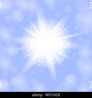 Stella di spumanti, luce incandescente esplosione. Con Starburst brilla su sfondo blu Illustrazione Vettoriale