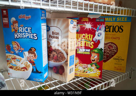 Vari tipi di cereali quali riso krispies fiocchi di crusca portafortuna e cheerios cereale in un armadio di cibo negli Stati Uniti Stati Uniti d'America Foto Stock