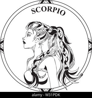 Illustrazione Vettoriale di segno zodiacale Scorpione. Bellissima ragazza con i capelli lunghi in cornice rotonda. Line art. Illustrazione per la colorazione. Foto Stock