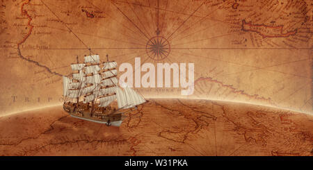 Vecchia nave a vela su una vecchia mappa del mondo. Concetto di avventura marittima spedizione. Foto Stock