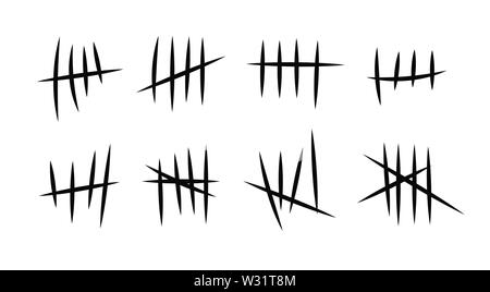 Simboli della prigione, carcere marchi tally. Mano Le linee tracciate o bastoni, corse ordinati per quattro e barrato. Illustrazione Vettoriale. Illustrazione Vettoriale