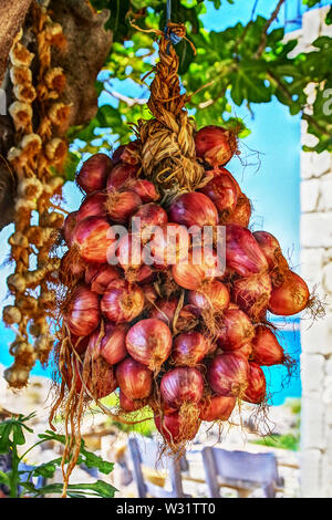 Un mazzetto di cipolle rosse appeso a un albero di fico ramo sullo sfondo del mare. Foto Stock