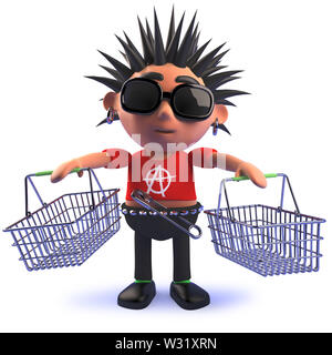 Immagine 3D di un punk rocker personaggio dei fumetti holding shopping ceste in 3D Foto Stock