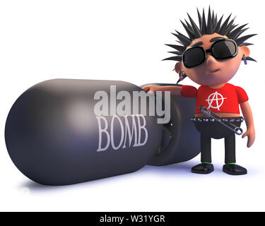 Immagine 3D rappresentata di un cartoon punk rocker kid in 3d in piedi accanto ad una bomba nucleare Foto Stock