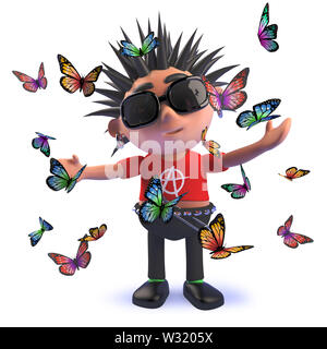 Immagine rappresentata in 3d di un cartoon punk rocker circondato da farfalle Foto Stock