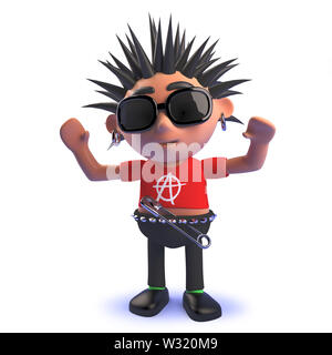 Immagine 3D rappresentata di un punk rocker personaggio dei cartoni animati in 3d con le braccia in alto Foto Stock