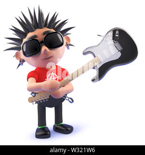 Una immagine rappresentata di un cartoon punk rocker smashing una chitarra elettrica, 3d illustrazione Foto Stock