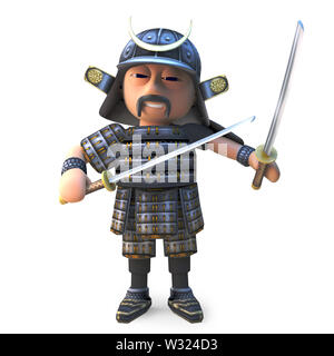 Katana spada wielding giapponese samurai warrior sta sulla difensiva, 3D render illustrazione Foto Stock