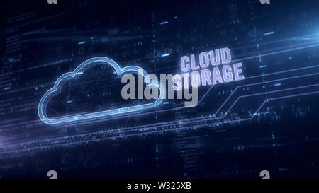 Lo storage cloud simbolo ologramma blu 3d'illustrazione. Futuristico Concetto di elaborazione dati, storage online e archivio documenti su sfondo digitale. Foto Stock