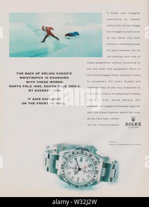 Poster pubblicitari Rolex Oyster Perpetual Explorer II guarda in magazzino dal 1998 anno, uno slogan, un annuncio pubblicitario, creative ROLEX annuncio da anni novanta Foto Stock