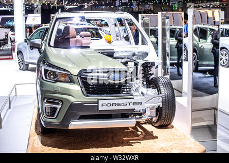 Ginevra, Svizzera, Mar 2019 sezione trasversale nuova Subaru Forester, Geneva International Motor Show, 5 gen, SK, crossover compatto SUV dalla Subaru Foto Stock