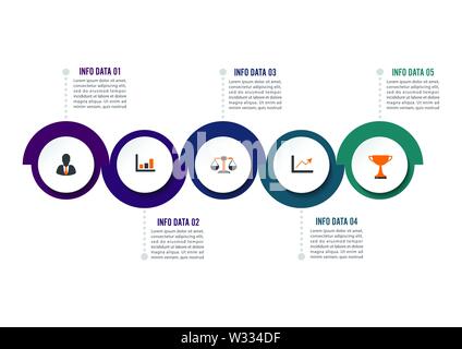 Cerchio modello infografico cinque opzione, il processo o la fase di presentazione del business. Illustrazione Vettoriale