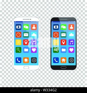 Nuovo realistico mobile smart phone in bianco e nero in stile moderno. Vector smartphone con icone UI. isolato su sfondo trasparente. Illustrazione Vettoriale