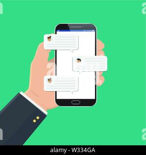 Telefono cellulare messaggio chat comunicazioni illustrazione vettoriale isolato sul colore di sfondo, mano con lo smartphone e chiacchierando bolla discorsi, concetto o Illustrazione Vettoriale