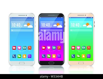 Nuovo realistico mobile smart phone stile moderno. Vector smartphone con icone UI. accesso all'interfaccia di progettazione e di messaggistica sms app su sfondo bianco. Illustrazione Vettoriale