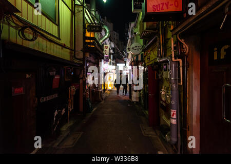 Shinjuku, Giappone - Aprile 4, 2019: la gente che camminava sul Golden Gai, stretto vicolo lane strada con izakaya, giapponese pub ristorante o bistrò di notte Foto Stock