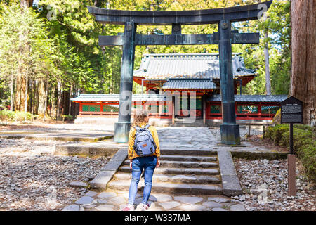 Nikko, Giappone - Aprile 4, 2019: giovane donna, straniero in piedi di fronte a torii gate a Okariden, temporanea al Santuario di Toshogu patrimonio mondiale santuario si Foto Stock