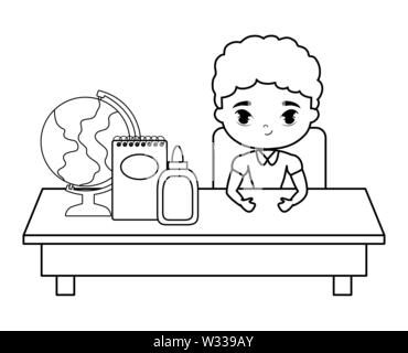 Studente ragazzo seduto nel banco di scuola con forniture istruzione illustrazione vettoriale design Illustrazione Vettoriale