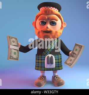 Ricco uomo scozzese in kilt tradizionale azienda mazzette di US Dollar Bills, 3D render illustrazione Foto Stock